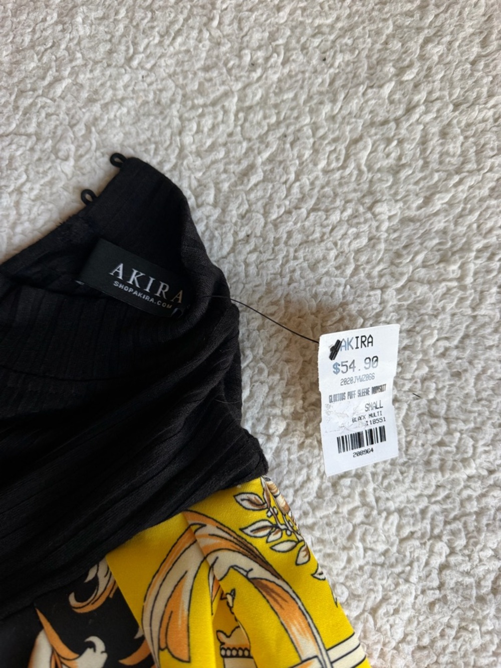 AKIRA Black Ribbed Bodysuit with Yellow Baroque Puff Sleeves - Picture 4 of 7